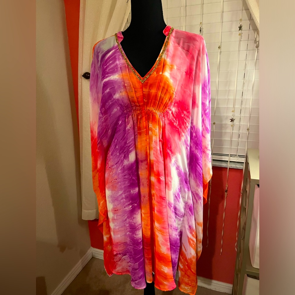 JLo Jennifer Lopez Tye-Dye bright orange pink & purple sheer dress size medium